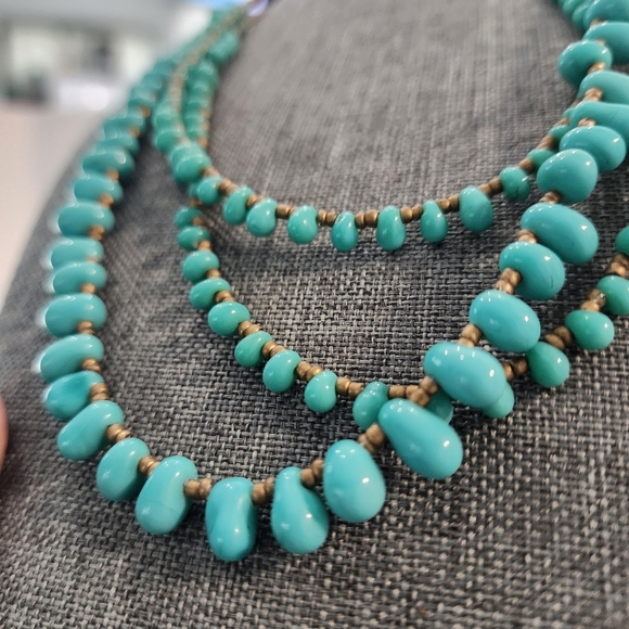 Layered Turquoise Glass Bead Statement Necklace Brass Seed Beads 16–19" - Picture 6 of 8